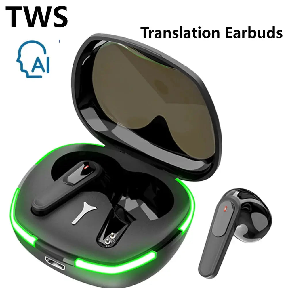 Technova AI Translation Earbuds pair, in-ear headphones with gray buds and a case with green LED ring.