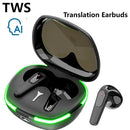 Technova AI Translation Earbuds pair, in-ear headphones with gray buds and a case with green LED ring.