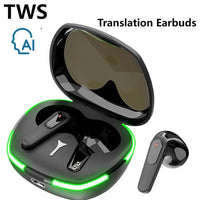 Technova AI Translation Earbuds pair, in-ear headphones with gray buds and a case with green LED ring.