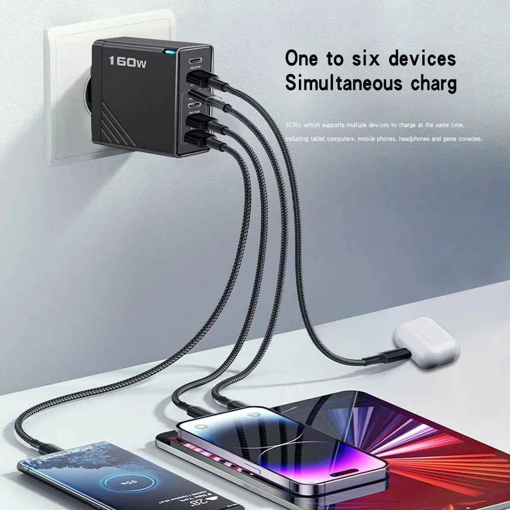 160W Multi Ports USB Charger Type C Fast Charging EU/US/UK Plug Wall Chargers 3PD 3USB Quick Charge 3.0 Universal Travel Adapter
