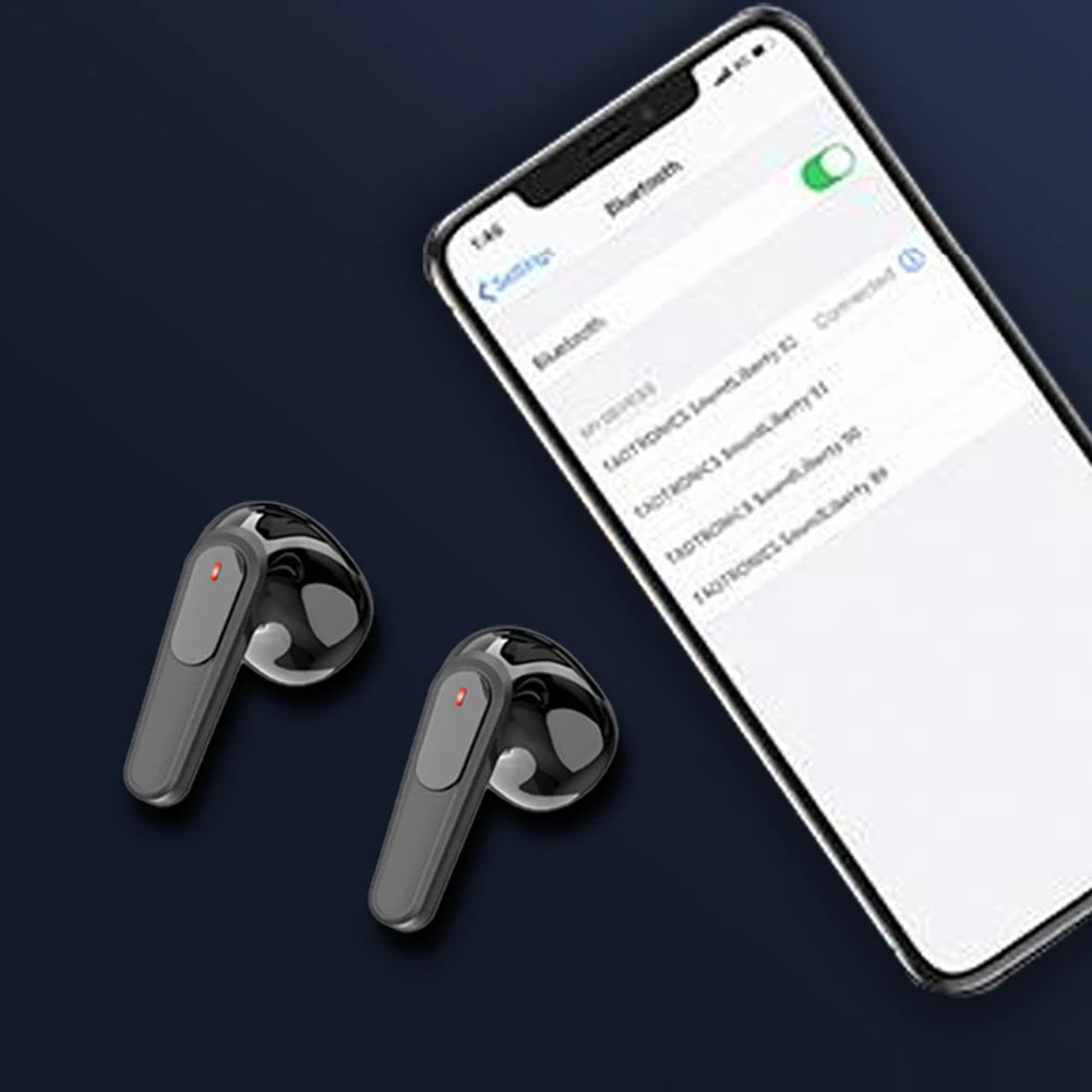 AI Translation Earbuds in-ear headphones; dark gray wireless pair with red indicator, 2 earbuds