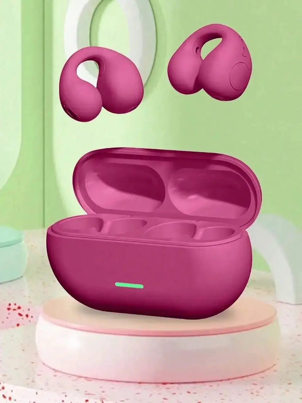 T75 Bluetooth 5.3 clip-on wireless earphones, magenta, two earbuds with charging case