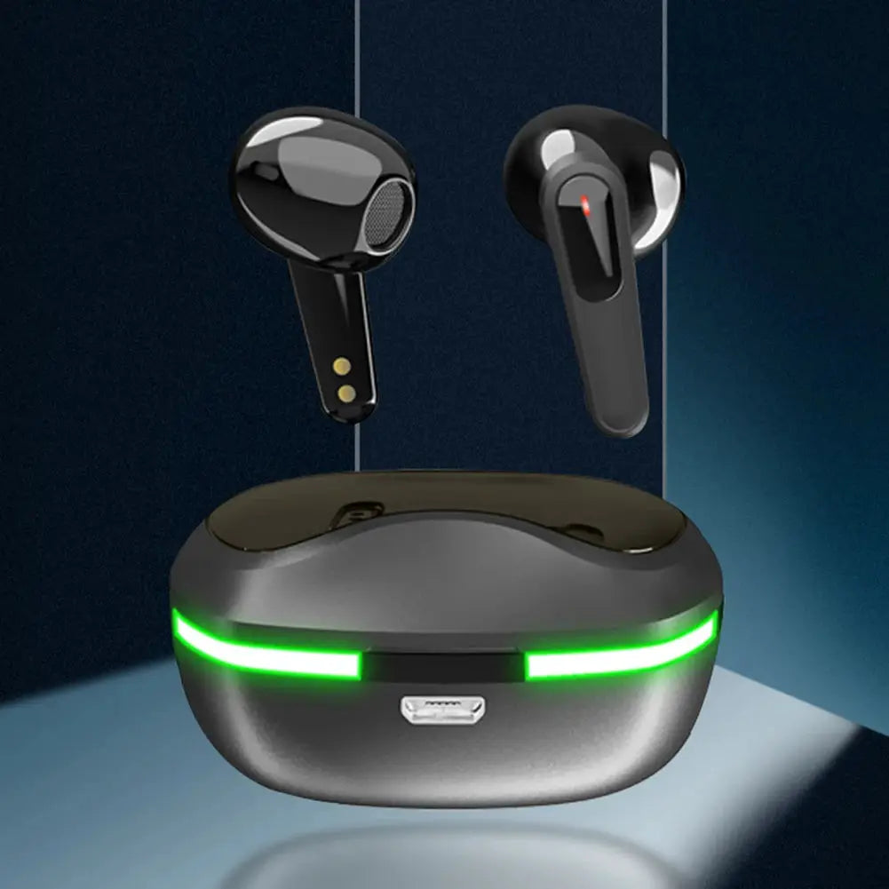 AI Translation Earbuds by Technova, 2 in-ear headphones with charging case, black with green LED accents