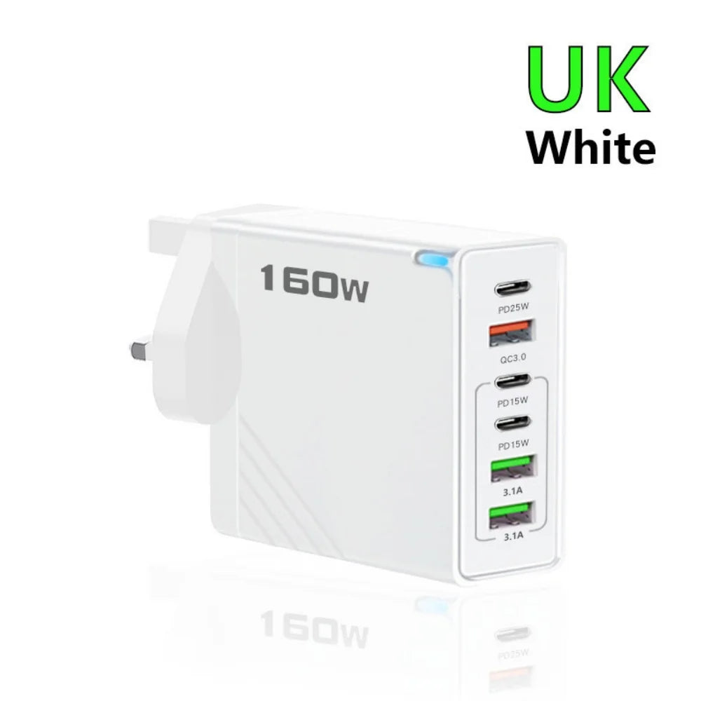160W Multi Ports USB Charger Type C Fast Charging EU/US/UK Plug Wall Chargers 3PD 3USB Quick Charge 3.0 Universal Travel Adapter