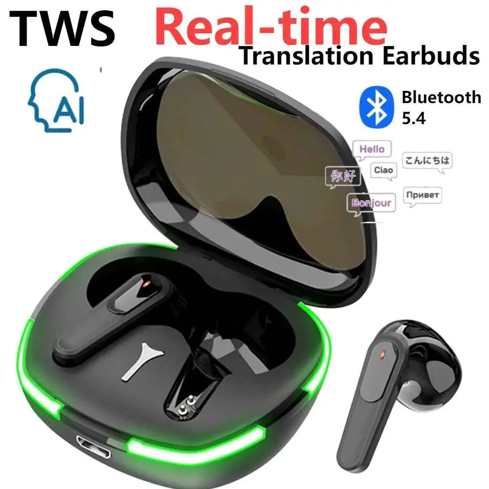 AI Translation Earbuds with charging case; real-time translation, Bluetooth headset, black with green LED accents.