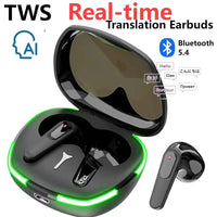 AI Translation Earbuds with charging case; real-time translation, Bluetooth headset, black with green LED accents.