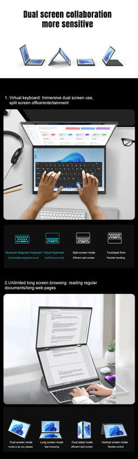 CRELANDER dual-screen laptop by RY Gadgets, 14in + 14in 2K touchscreens, 2-in-1 360° flip, Intel N95/N100, black finish
