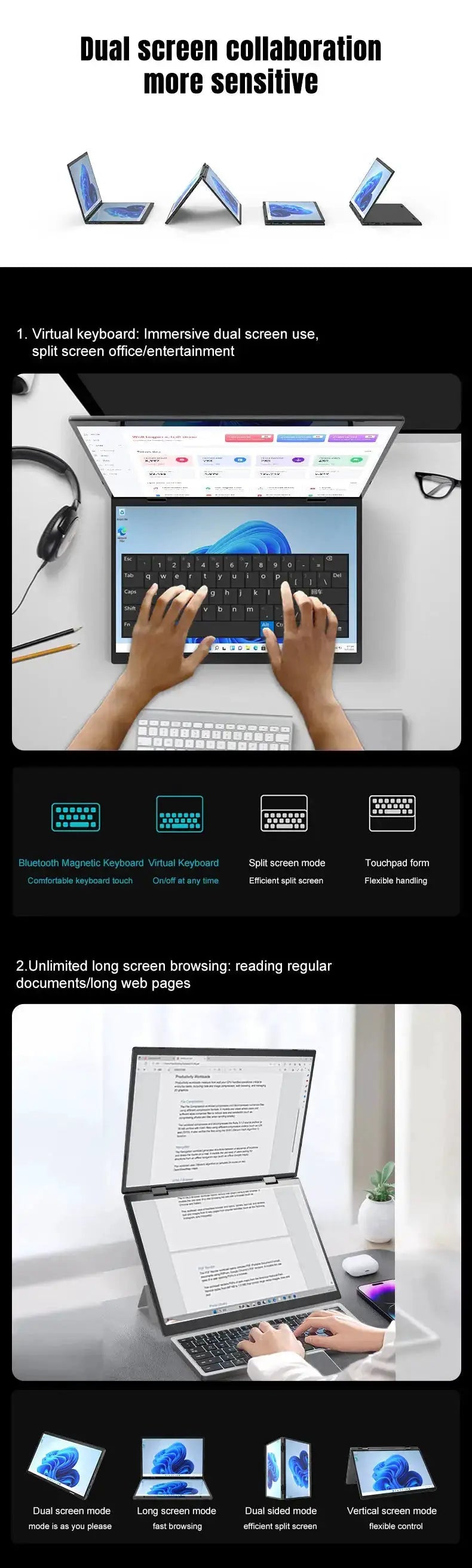CRELANDER dual-screen laptop by RY Gadgets, 14in + 14in 2K touchscreens, 2-in-1 360° flip, Intel N95/N100, black finish