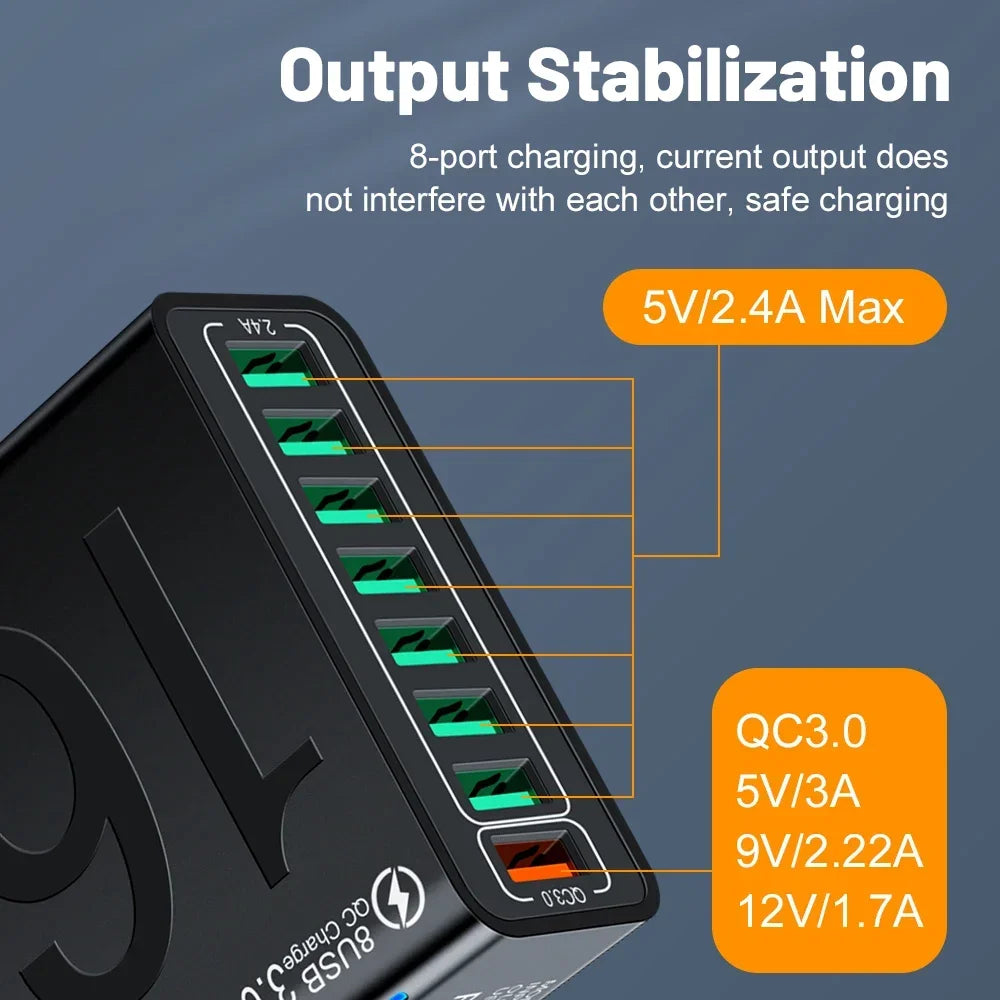 Total 150W 8 Ports USB Charger Fast Charging Phone Charger Adapter For iPhone Samsung Xiaomi 14 15 Quick Charge 3.0 Wall Charger