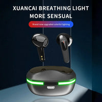Pair of AI Translation Earbuds in-ear headset with charging case and green LED accents
