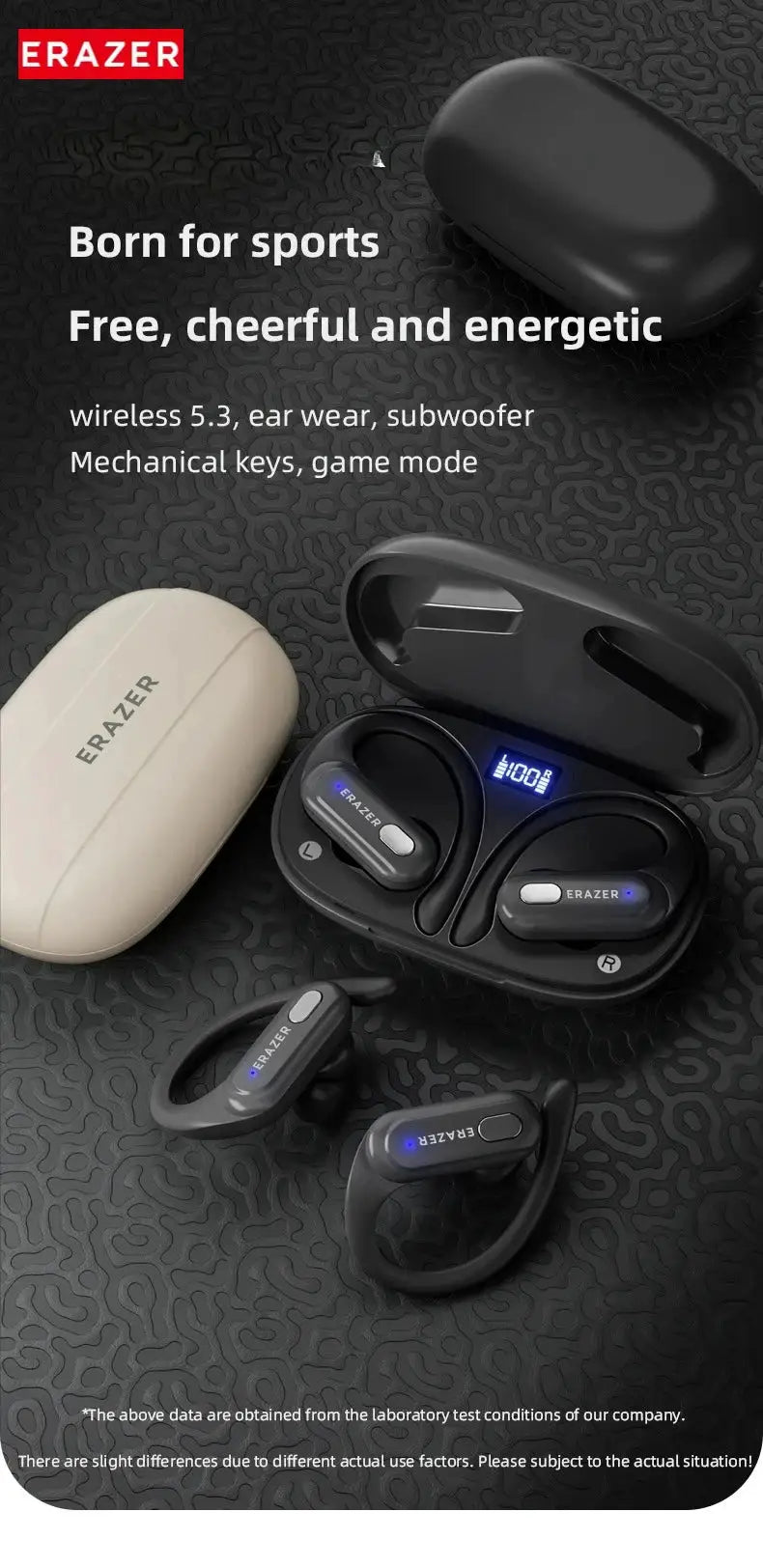ERAZER XT60 Pro wireless in-ear headphones with charging case and blue LED indicators