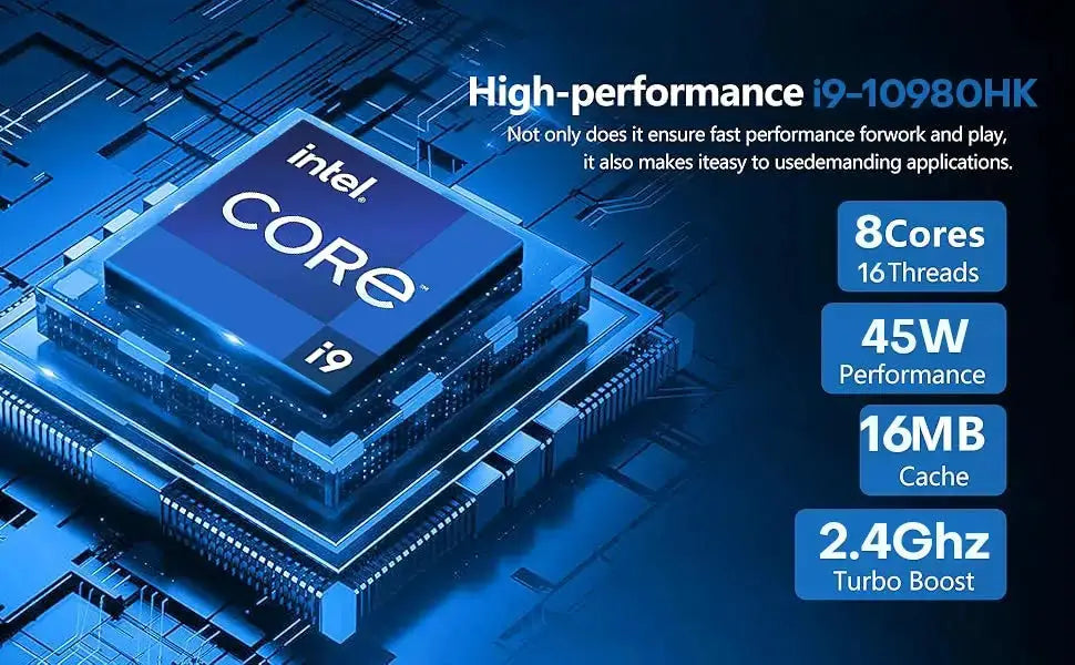 Technova portable 15.6-inch gaming laptop with Intel Core i9 processor graphic (8 cores, 16 threads) on blue circuitry