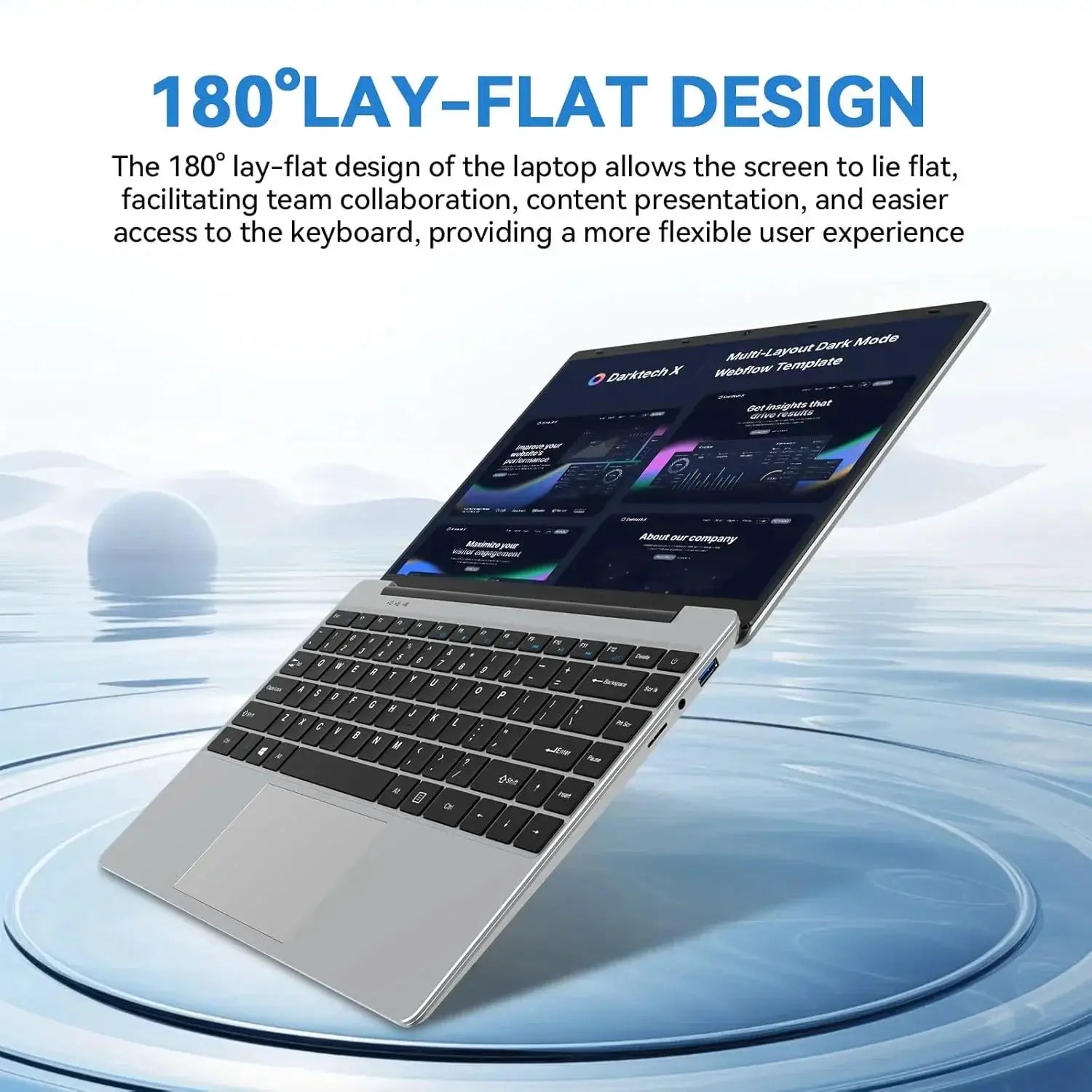 Technova i9 laptop with 180° lay-flat design; silver aluminum body