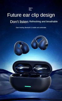 T75 Bluetooth 5.3 clip-on in-ear headphones with charging case, blue color; two wireless earbuds shown for sports use