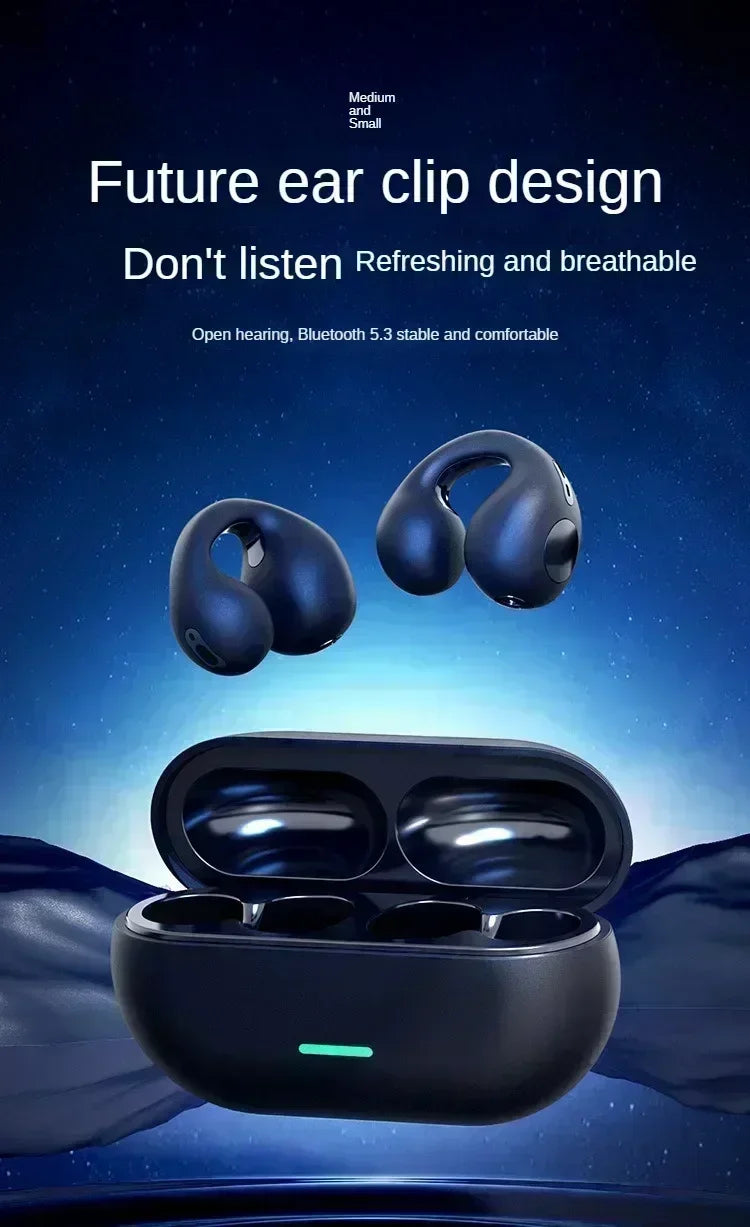 T75 Bluetooth 5.3 clip-on in-ear headphones with charging case, blue color; two wireless earbuds shown for sports use