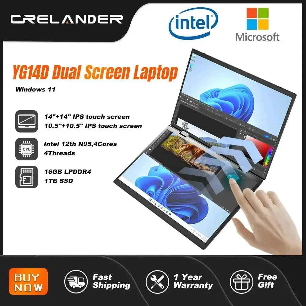 CRELANDER Dual Screen Laptop 14 Inch 2 in 1 Flip Intel N95