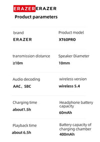 ERAZER XT60PRO wireless in-ear headphones with 10mm drivers; wireless 5.4