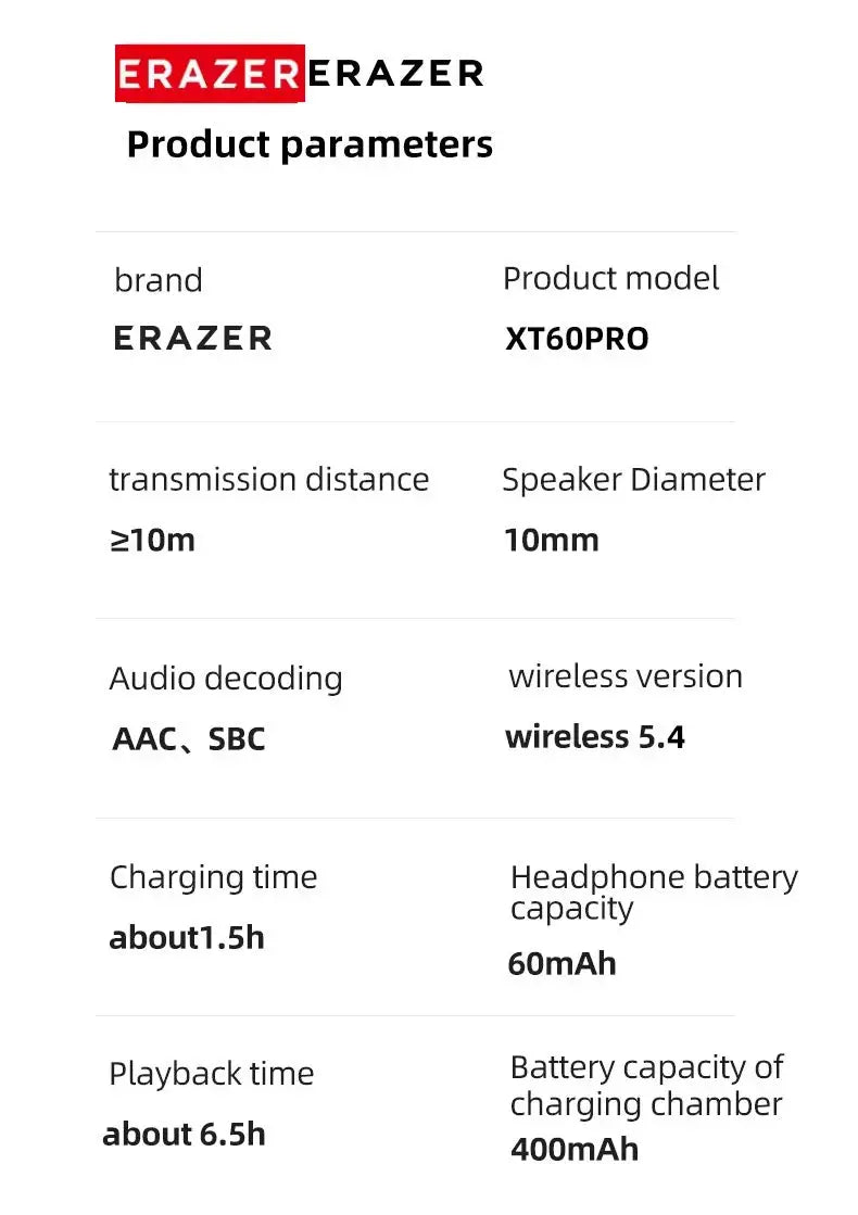 ERAZER XT60PRO wireless in-ear headphones with 10mm drivers; wireless 5.4