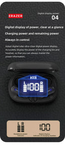 ERAZER XT60 PRO wireless in-ear headphones by Technova in charging case with blue digital power display