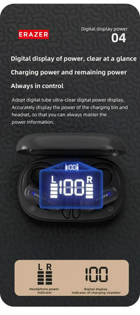 ERAZER XT60 PRO wireless in-ear headphones by Technova in charging case with blue digital power display