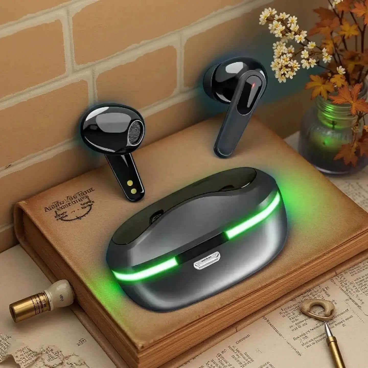 Pro60 ANC True Wireless Earbuds, pair in black glossy finish with green LED charging dock
