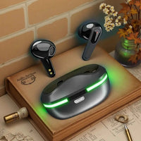 Pro60 ANC True Wireless Earbuds, pair in black glossy finish with green LED charging dock