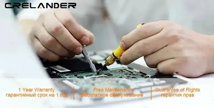 CRELANDER Dual-Screen Laptop being serviced, open internals with screwdrivers and visible logo
