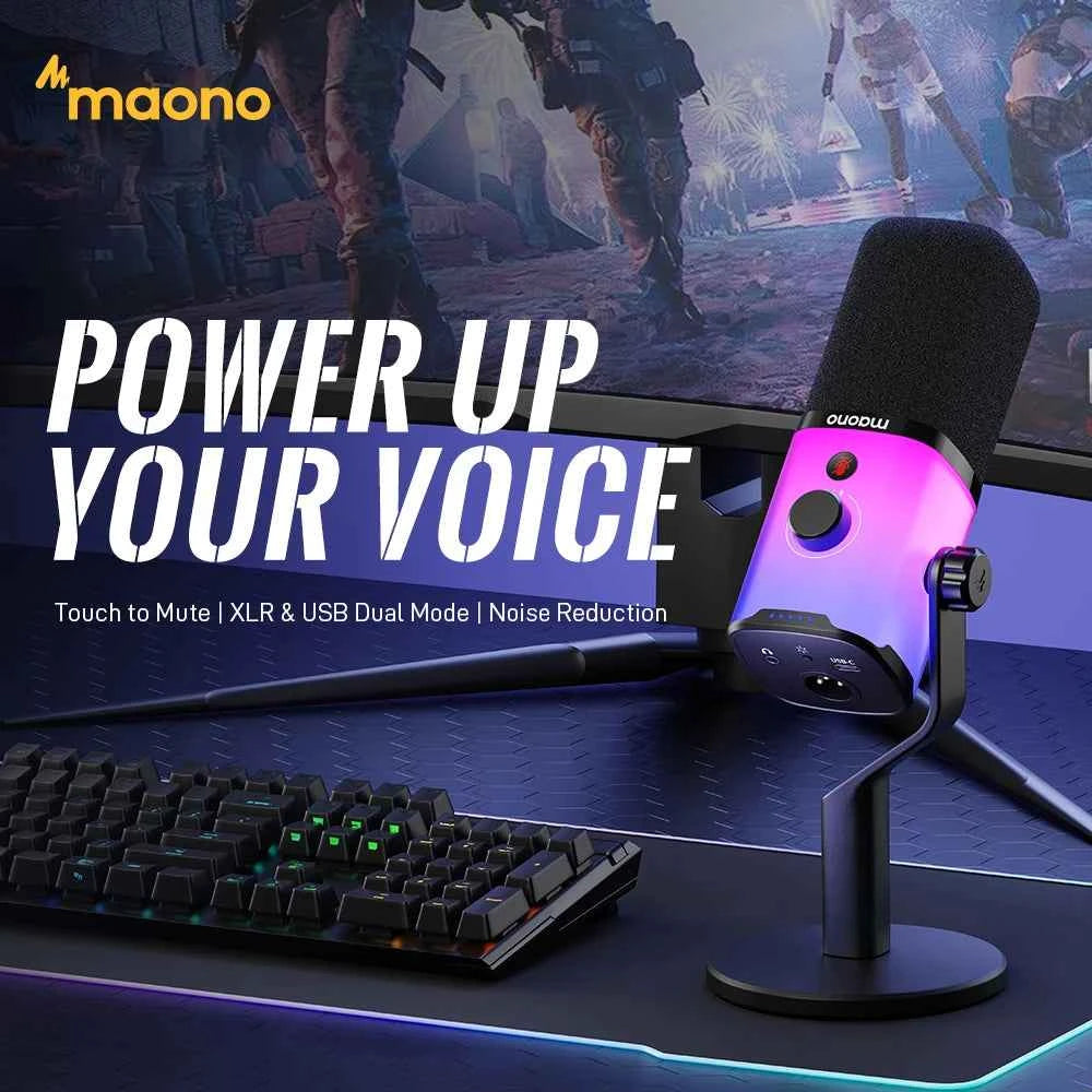 Microphone de jeu MAONO USB/XLR pour PC PD100X Microphone dynamique Réduction du bruit Prise casque RGB pour le streaming et le podcasting