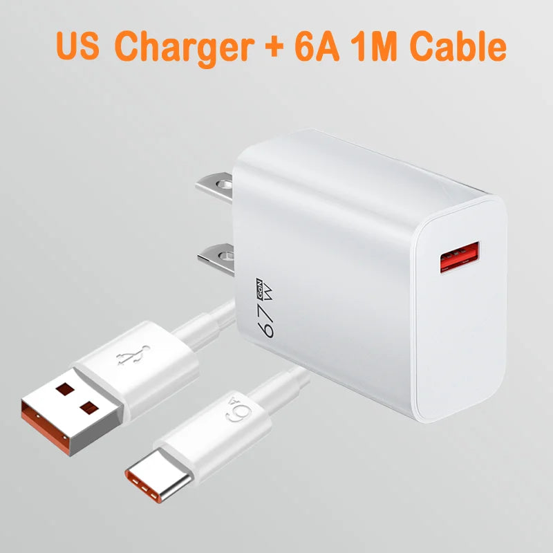 67W USB C Fast Charger Quick Charging Charger QC 3.0 USB Charger Adapter With Type C Charging Cable EU US UK Wall Power Adapter