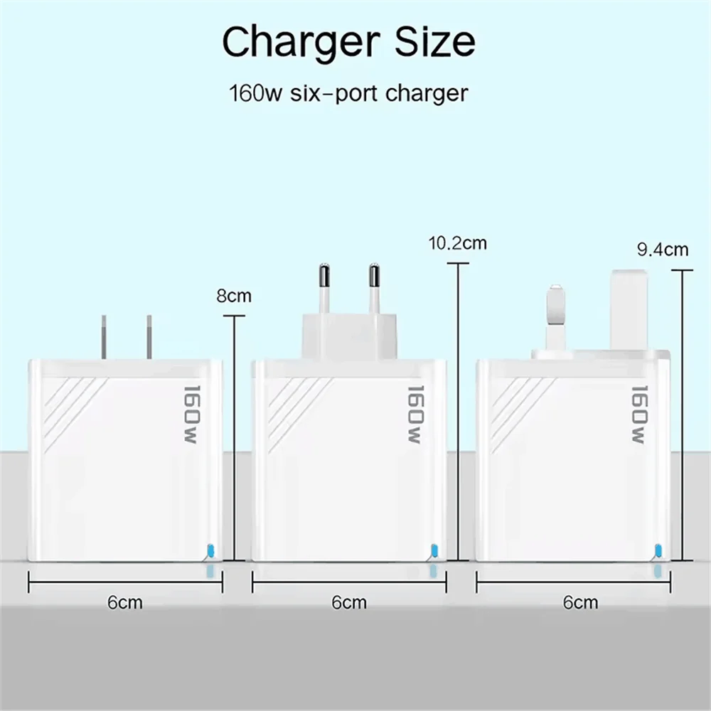 160W Multi Ports USB Charger Type C Fast Charging EU/US/UK Plug Wall Chargers 3PD 3USB Quick Charge 3.0 Universal Travel Adapter
