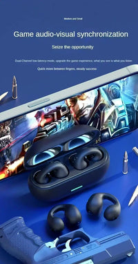 Technova T75 Bluetooth 5.3 clip-on wireless earphones with blue charging case and black earbuds