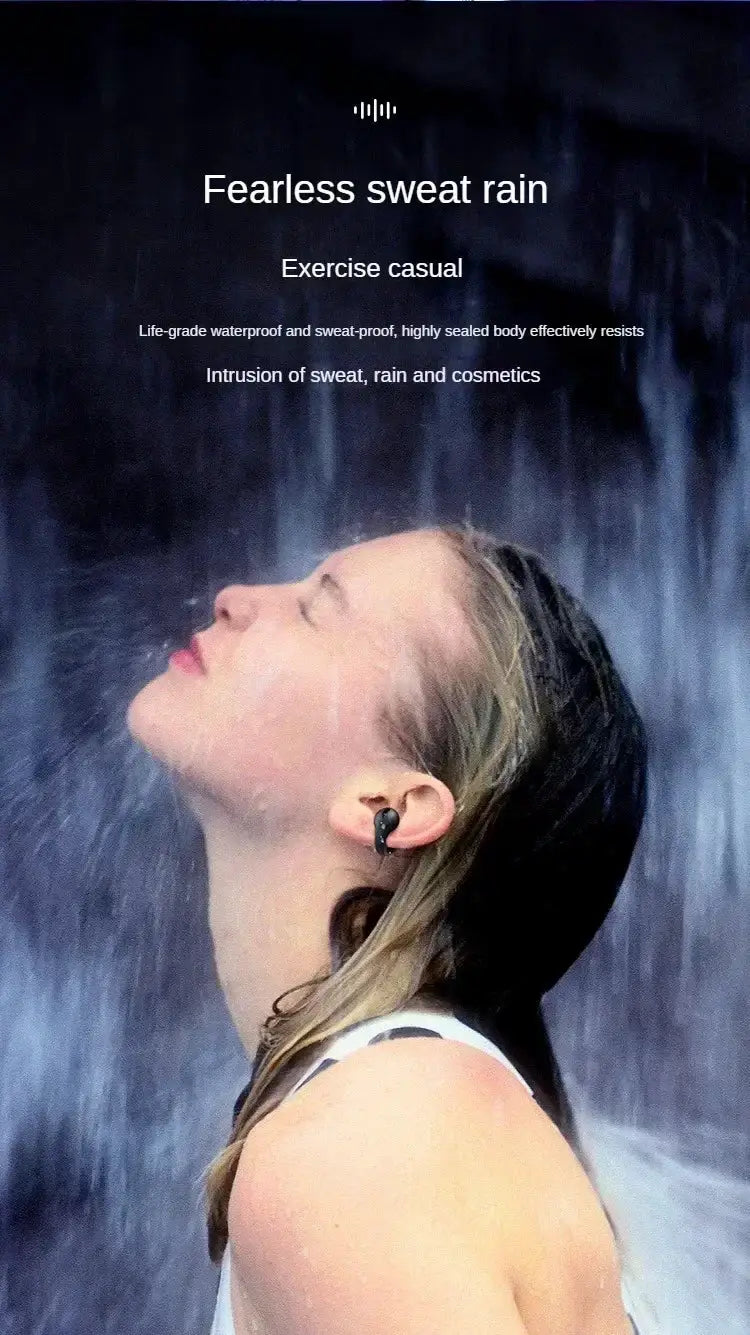 Technova T75 Bluetooth 5.3 clip-on wireless earphones, black, sports headset worn by a woman outdoors in rain.