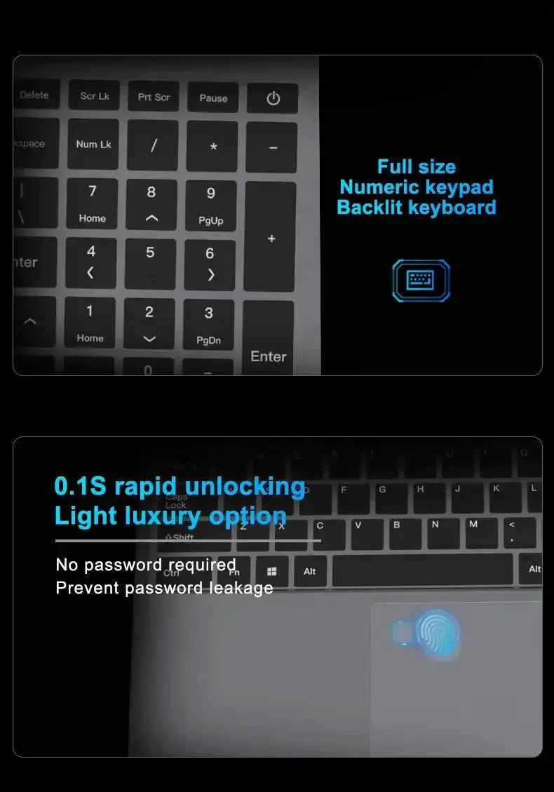 Technova 15.6-inch laptop with full-size backlit numeric keypad and fingerprint sensor