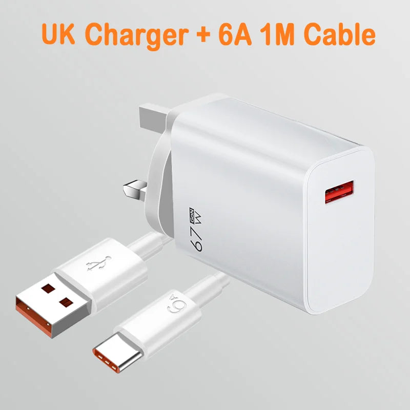 67W USB C Fast Charger Quick Charging Charger QC 3.0 USB Charger Adapter With Type C Charging Cable EU US UK Wall Power Adapter