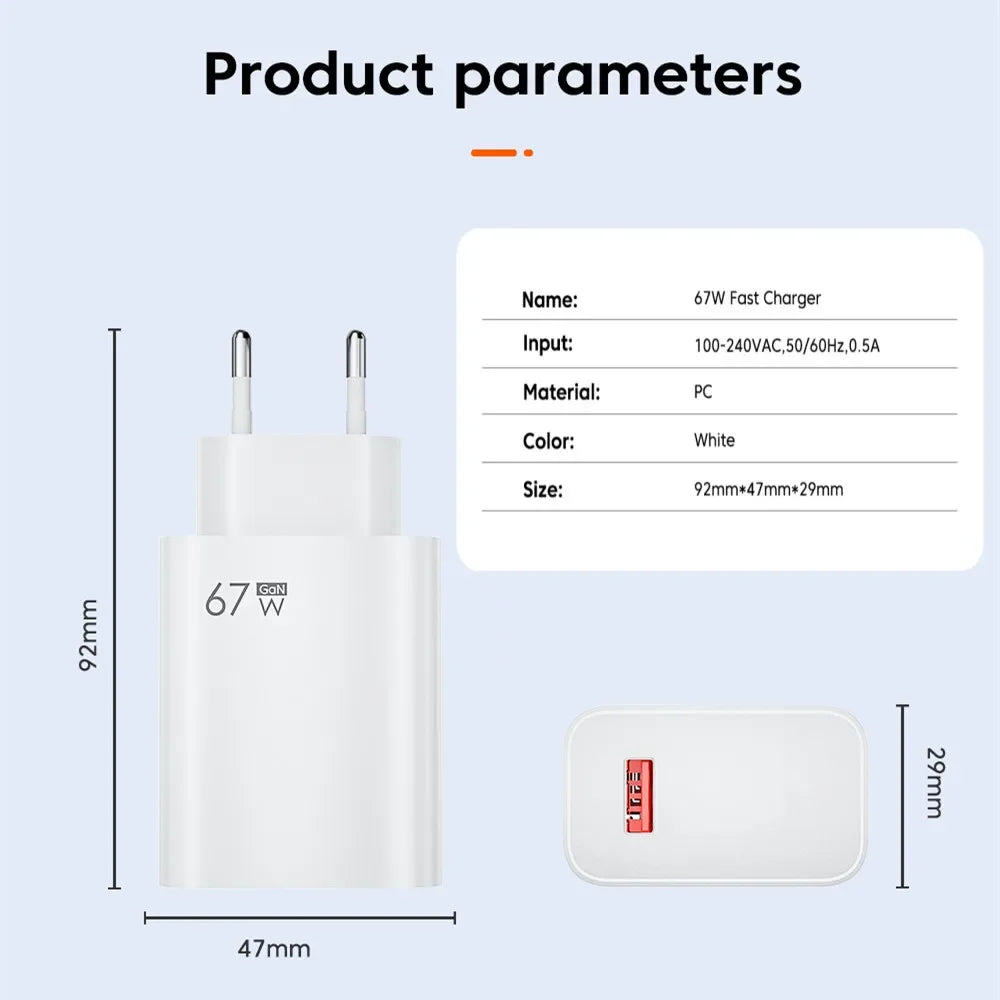 67W USB C Fast Charger Quick Charging Charger QC 3.0 USB Charger Adapter With Type C Charging Cable EU US UK Wall Power Adapter
