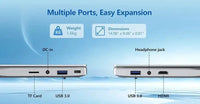 Portable gaming laptop side ports diagram showing DC-in, TF card, USB 3.0, headphone jack, and HDMI