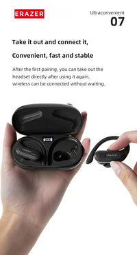 ERAZER XT60 PRO wireless in-ear headphones with charging case; black, three items pictured, Technova branding visible