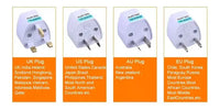 CRELANDER adapter set by RY Gadgets featuring four plug adapters: UK, US, AU, EU types, compact white with orange label