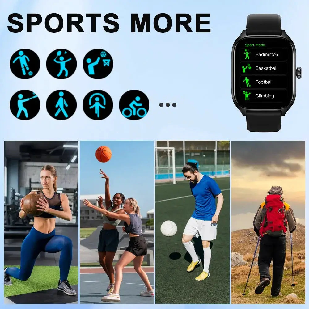 2.01-inch Bluetooth Calling Smartwatch with black strap, fitness and sports watch showcasing sport mode menu