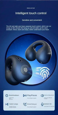 Technova T75 Bluetooth 5.3 clip-on wireless earphones, pair of black/blue in-ear sports headphones