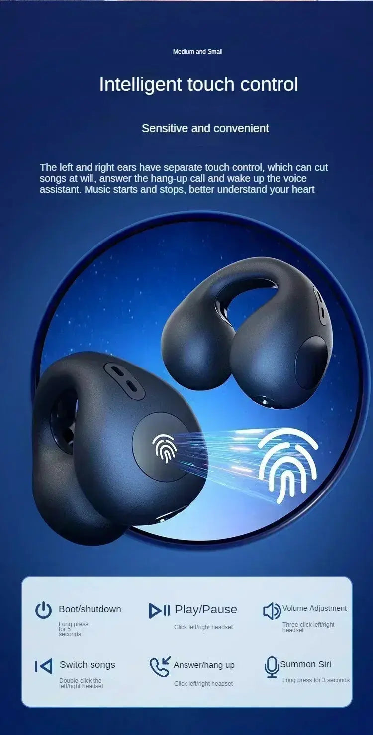 Technova T75 Bluetooth 5.3 clip-on wireless earphones, pair of black/blue in-ear sports headphones