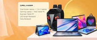 CRELANDER Dual-Screen Laptop banner on orange background; features a black geometric backpack and laptops/tablets.