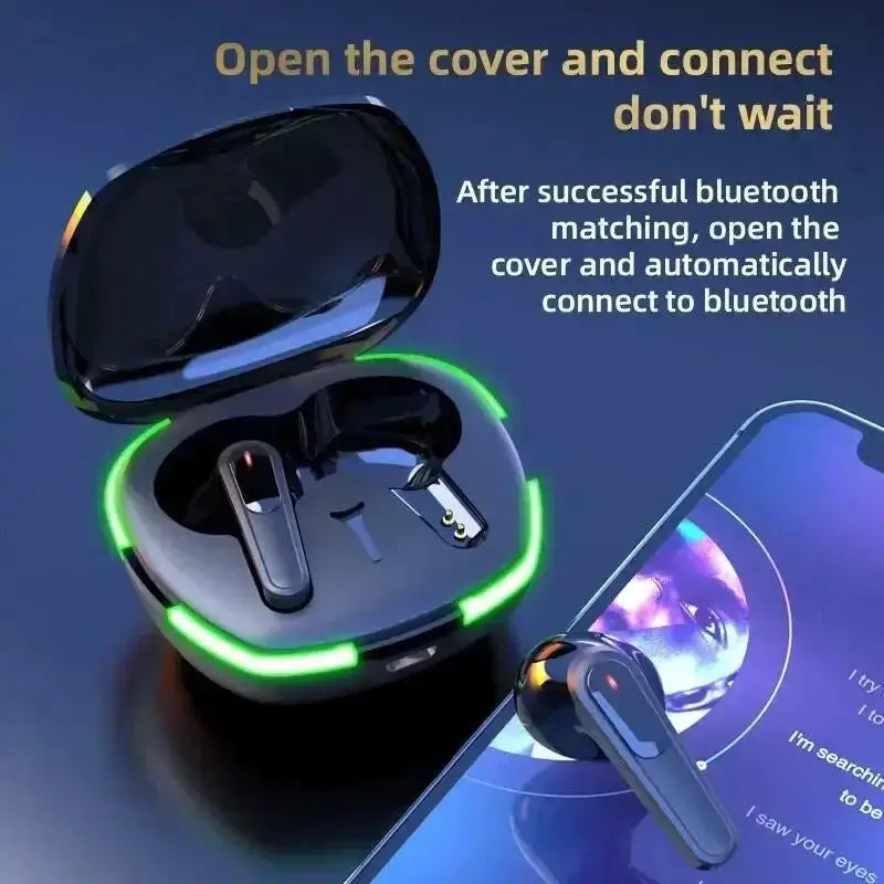 Pro60 ANC True Wireless Earbuds in black charging case with green LED ring