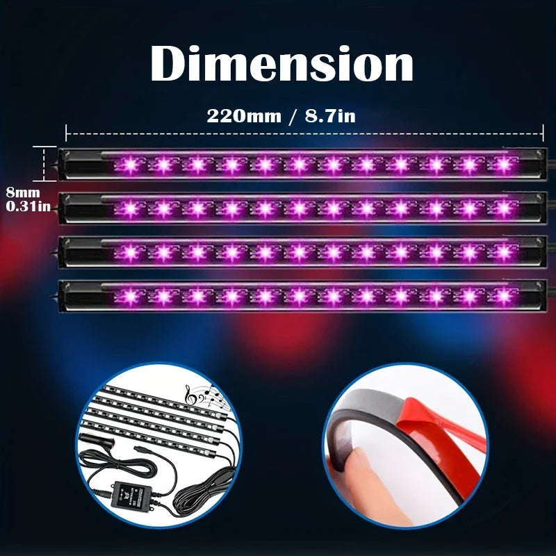 LED Car Music Light Strip - 48 LEDs USB Smart Bluetooth Control - Gadgets