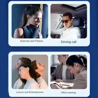T75 Bluetooth 5.3 clip-on wireless earphones in-ear headset; shows use cases in exercise, driving, leisure, and office.