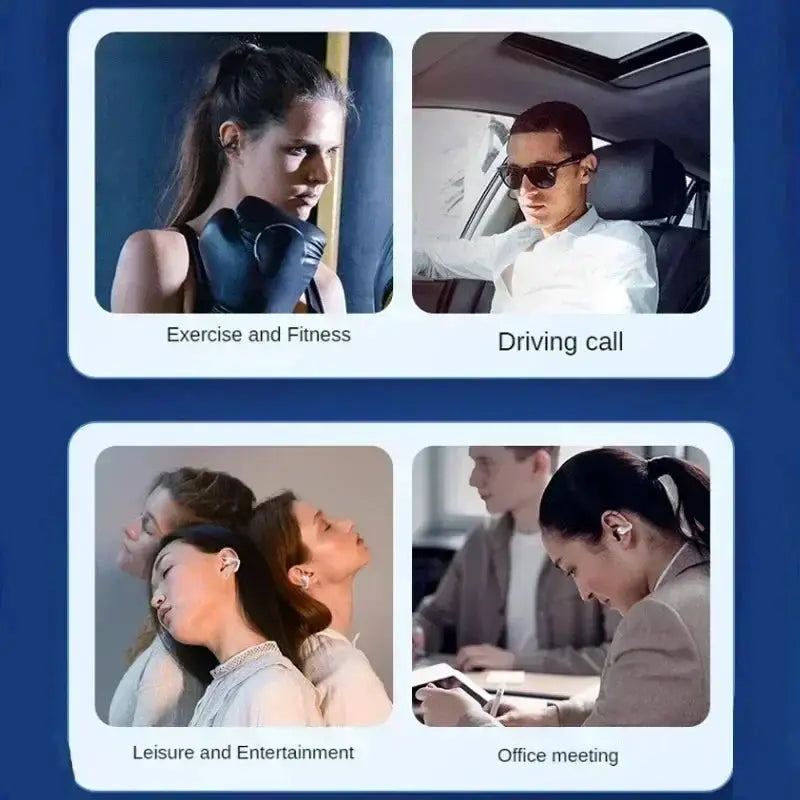 T75 Bluetooth 5.3 clip-on wireless earphones in-ear headset; shows use cases in exercise, driving, leisure, and office.