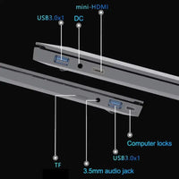 15.6-inch laptop ports diagram showing USB 3.0, mini-HDMI, DC, TF, 3.5mm audio jack, USB 3.0, security locks