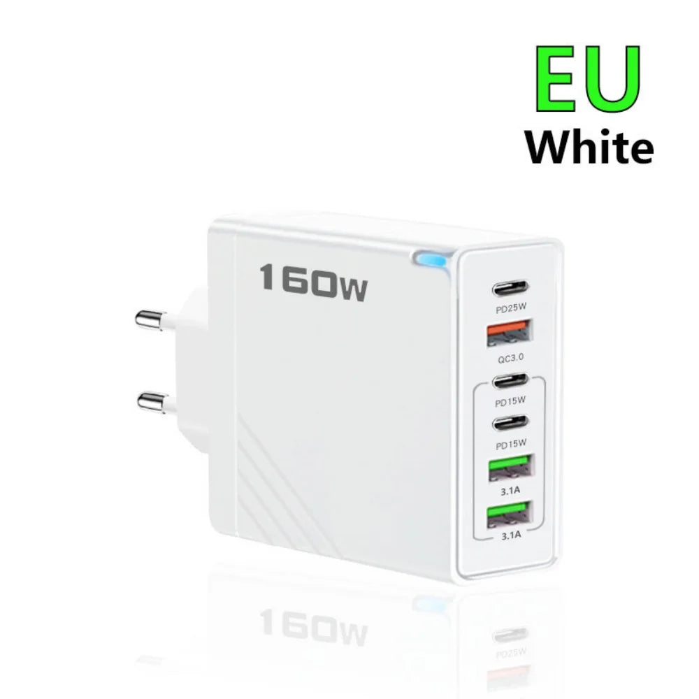 160W Multi Ports USB Charger Type C Fast Charging EU/US/UK Plug Wall Chargers 3PD 3USB Quick Charge 3.0 Universal Travel Adapter