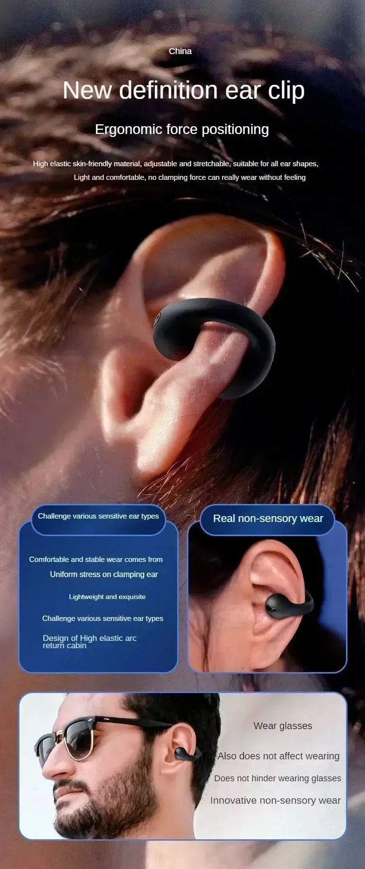 Technova T75 Bluetooth 5.3 clip-on wireless earphones, black sport headset worn on ear