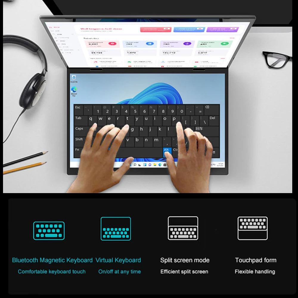 CRELANDER Dual-Screen Laptop — 14"+14" 2K Touch, 2-in-1 360° Flip, Intel N95/N100 — product image 5